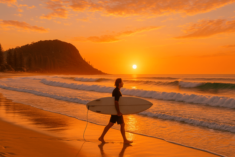A surfer walking on the beach at Burleigh Heads, representing a connected travel experience with Yoho Mobile eSIM.