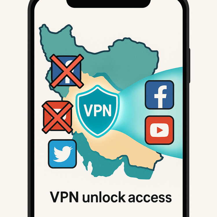 A diagram explaining the necessity of using a VPN with an eSIM in Iran to access blocked international apps and websites.