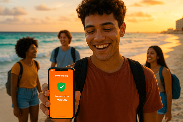 Student happily using a Yoho Mobile eSIM on their phone during Spring Break on a Cancun beach at sunset.