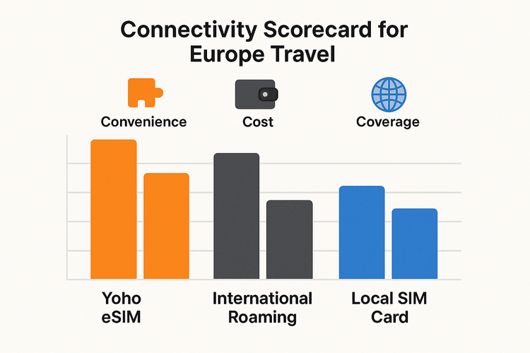 A chart comparing the cost, convenience, and coverage of Yoho Mobile eSIM, international roaming, and local SIM cards for European travel.