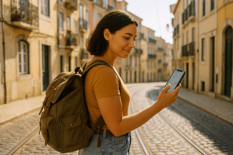 A solo female traveler confidently using her phone for navigation in a European city, highlighting the importance of an eSIM for safety.