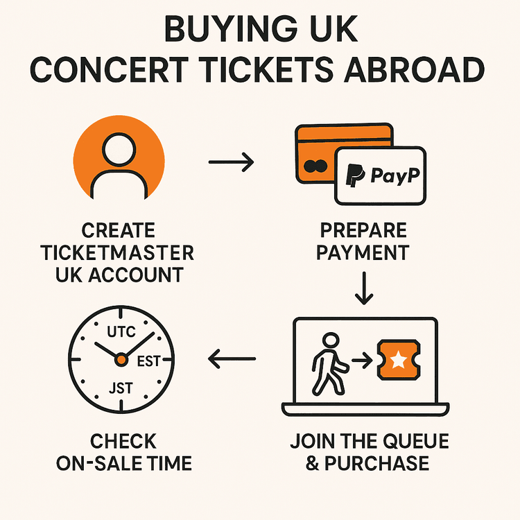 Infographic showing the 4 steps to buy UK concert tickets from abroad.