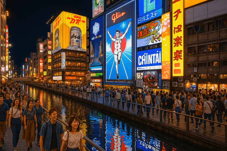 The vibrant and bustling Dotonbori district at night in 2025, fully recovered and welcoming tourists.