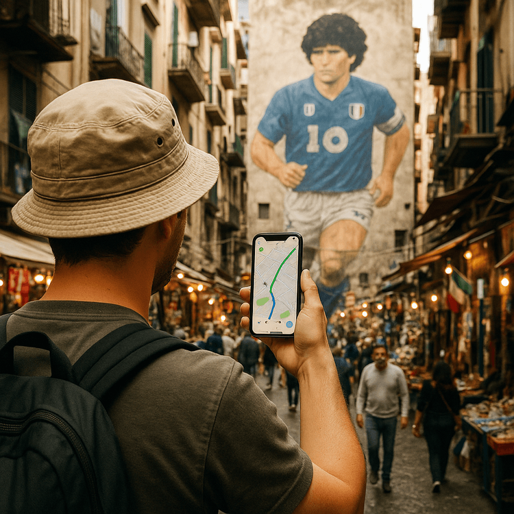 A traveler using their smartphone for directions in front of the iconic Diego Maradona mural in Naples' Spanish Quarter.