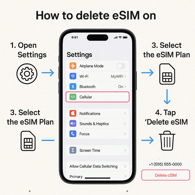 Infographic showing the four steps to delete an eSIM profile on an iPhone.