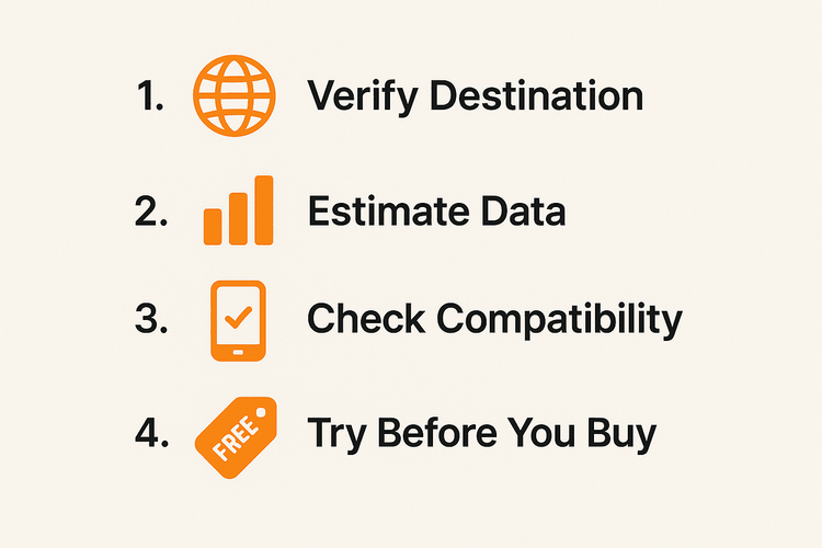 Infographic checklist on how to choose the right eSIM plan: verify destination, estimate data, check compatibility, and try a free trial.