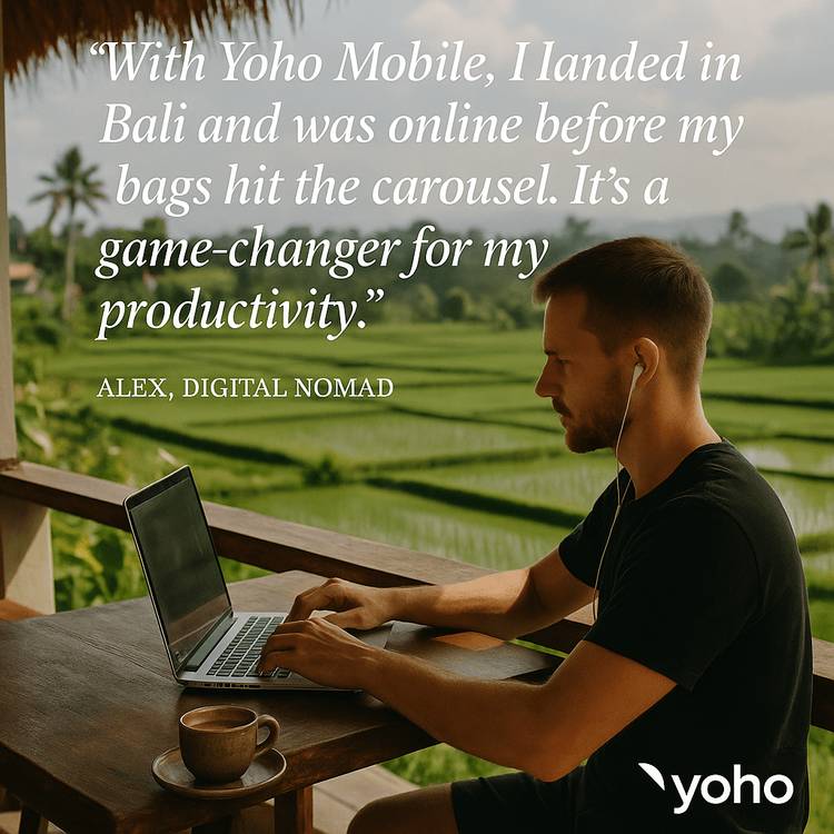 Testimonial from a digital nomad praising Yoho Mobile's instant connectivity in Bali.