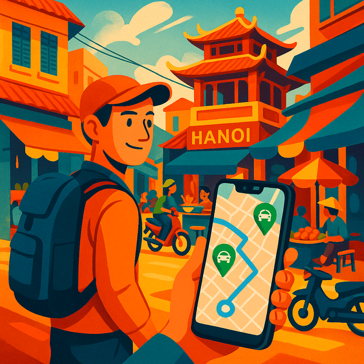Illustration of a traveler using a smartphone with an eSIM for navigation in Hanoi's Old Quarter.