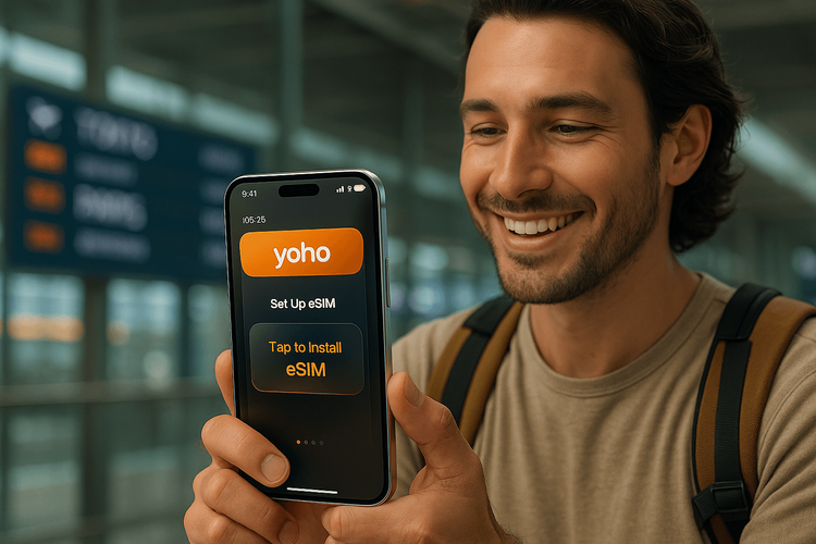 A traveler using the new iOS 26 to easily install a Yoho Mobile eSIM at an airport.
