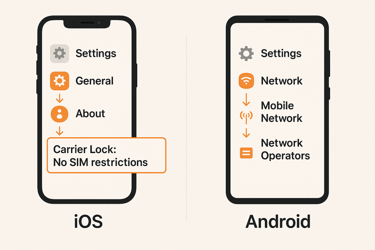 Infographic showing the steps to check for a carrier lock in the settings of an iPhone and an Android phone.