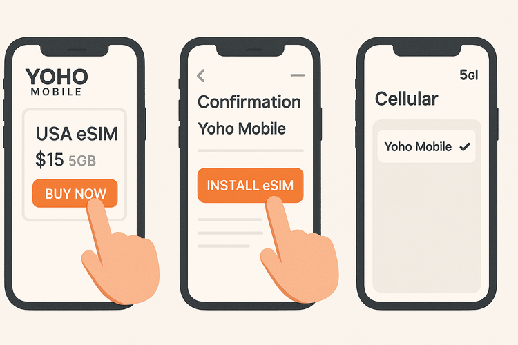 A three-step guide to installing a Yoho Mobile eSIM on an iPhone instantly without a QR code.