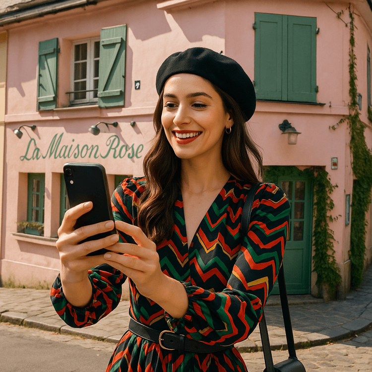 A fan of Emily in Paris using her smartphone with a data plan to navigate to La Maison Rose in Montmartre.