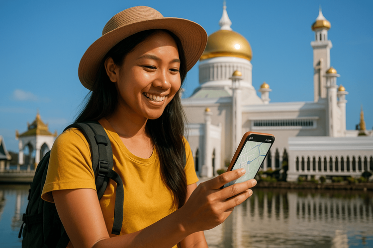 A tourist happily using her phone with a Yoho Mobile eSIM for navigation in front of the Sultan Omar Ali Saifuddien Mosque in Brunei.