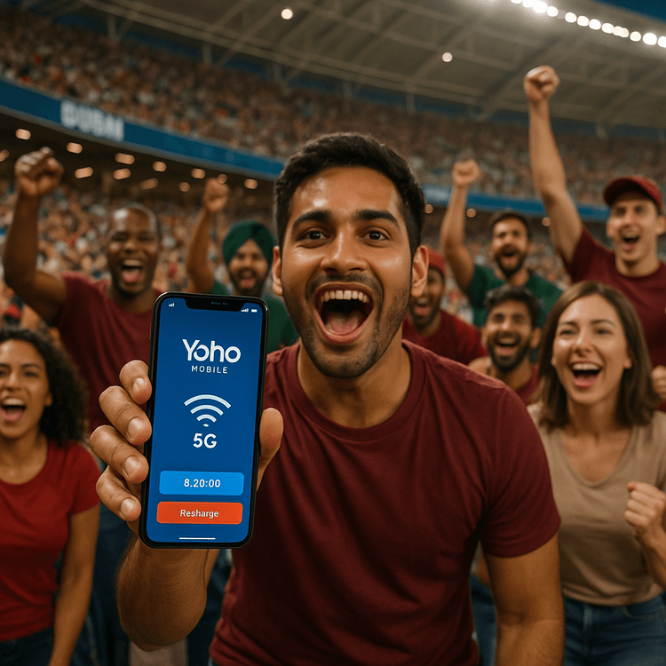 Cricket fans in a Dubai stadium cheering and using Yoho Mobile eSIM for a strong 5G connection.