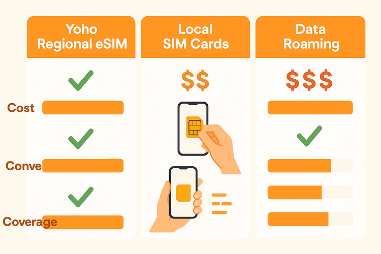 Comparison of Yoho Regional eSIM, local SIMs, and data roaming for Asian travel.