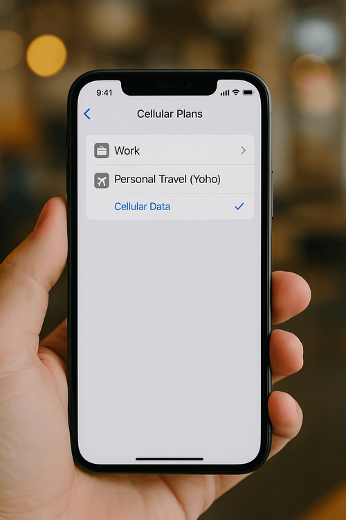 Screenshot of an iPhone settings screen showing how to manage dual SIMs by labeling one 'Work' and the other 'Personal Travel'.