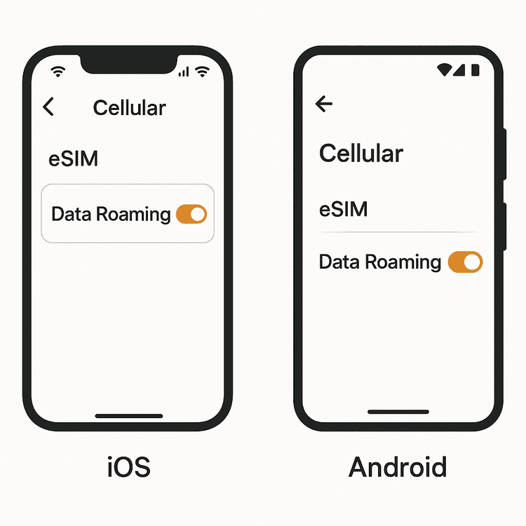 Step-by-step visual guide showing where to enable the Data Roaming option for an eSIM on both iPhone and Android devices.