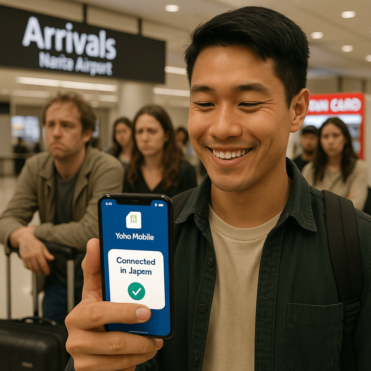 A traveler smiling at their phone with Yoho Mobile eSIM connection, bypassing SIM card queues at Narita airport.