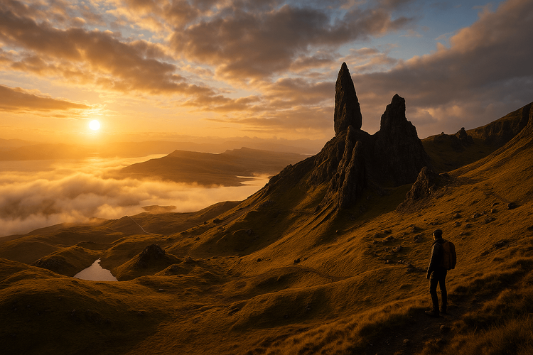 Sunrise over the Old Man of Storr on the Isle of Skye, a key sight in a Scotland travel guide.