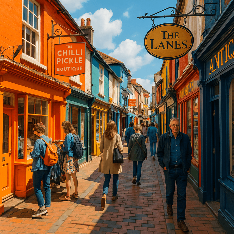 Vibrant and narrow alleyway of The Lanes in Brighton, filled with colourful independent shops.