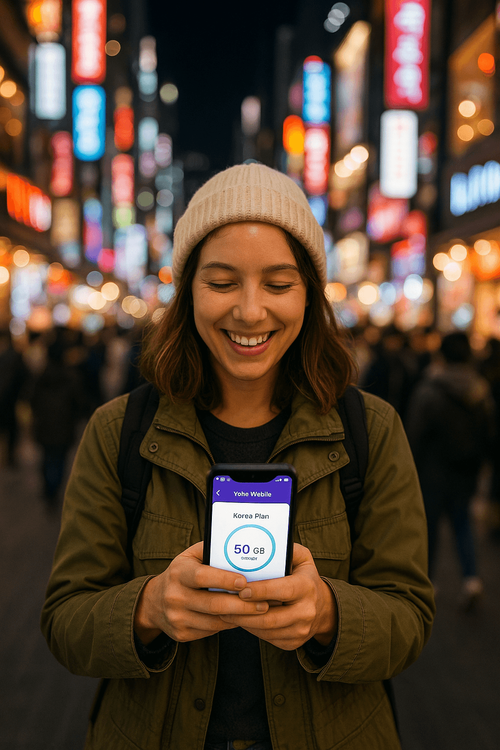 A traveler smiling while using her Yoho Mobile eSIM on her phone in Myeongdong, Seoul.