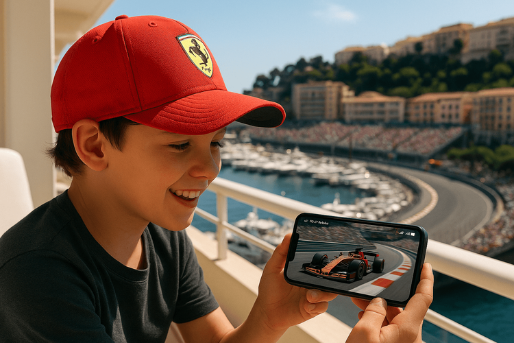 A fan watching an F1 race on their phone using Yoho Mobile eSIM data, with the Monaco Grand Prix circuit in the background.