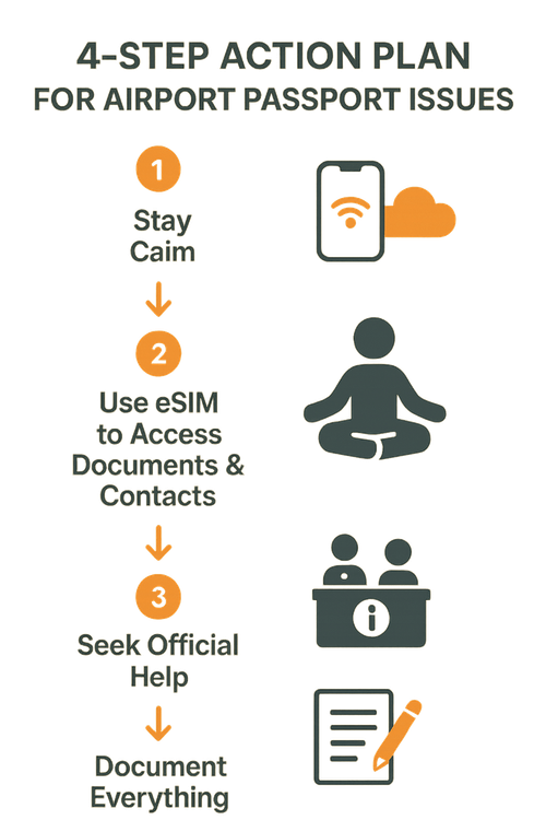 An infographic showing the step-by-step action plan for handling passport issues at an airport.