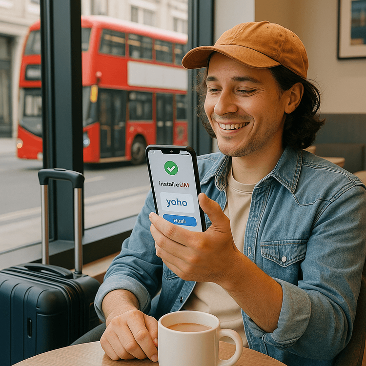 A traveler easily activating their Yoho Mobile eSIM in a UK cafe before heading to a football match.