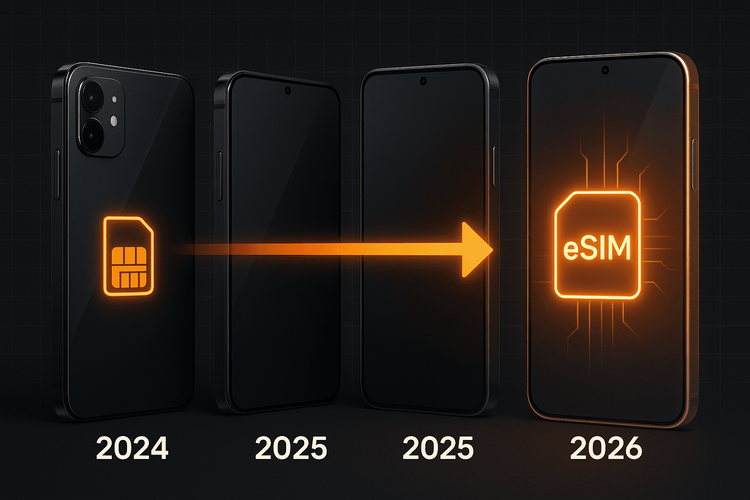 The evolution of smartphones from physical SIM cards to fully integrated eSIM technology in future phones.