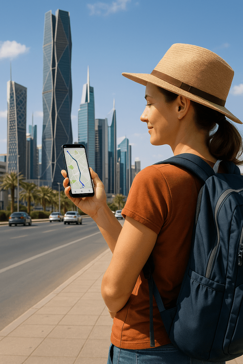 A traveler using a Yoho Mobile eSIM for navigation on their smartphone in front of the Riyadh skyline.