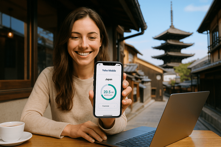 A digital nomad using a Yoho Mobile eSIM for USA data plan on her smartphone while working remotely in a bright cafe.