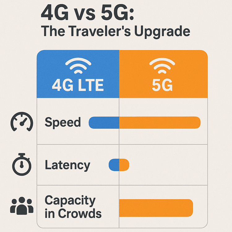 An infographic comparing the speed, latency, and capacity of 4G LTE versus 5G for travelers.
