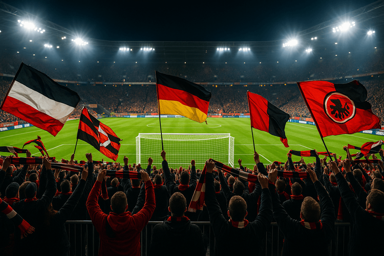 Passionate fans cheering in a packed Bundesliga stadium at night.