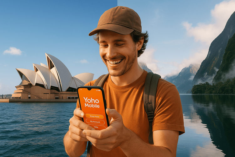 Traveler using a Yoho Mobile eSIM for seamless connectivity in both Australia and New Zealand.