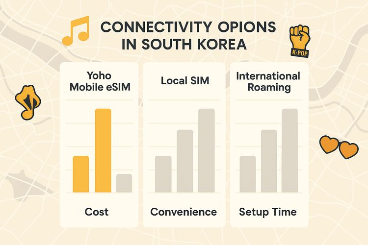 Comparison infographic of Yoho Mobile eSIM, Local SIM, and Roaming for travel in South Korea.