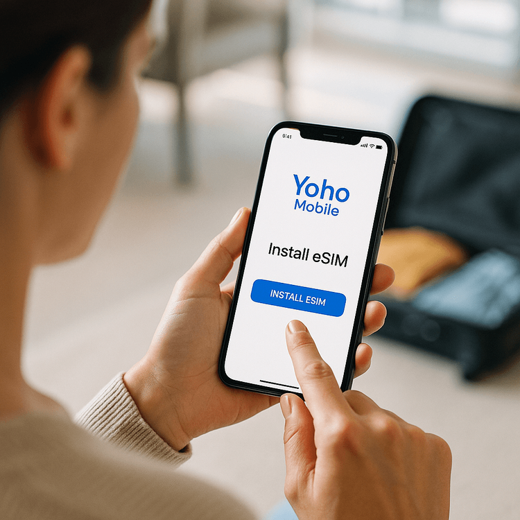 A traveler easily installing a Yoho Mobile eSIM on their iPhone with a single tap, preparing for their trip.