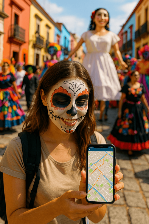 A traveler using her Yoho Mobile eSIM on her phone to navigate the vibrant streets of Oaxaca during a Day of the Dead parade.