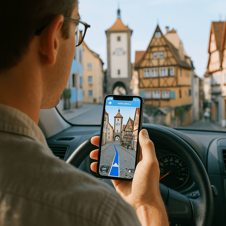 A traveler using a smartphone with a Yoho Mobile eSIM for GPS navigation in a historic German town.