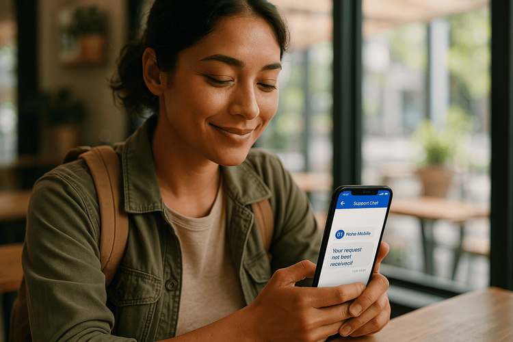 A traveler feeling relieved after successfully submitting a support request to Yoho Mobile for their eSIM.