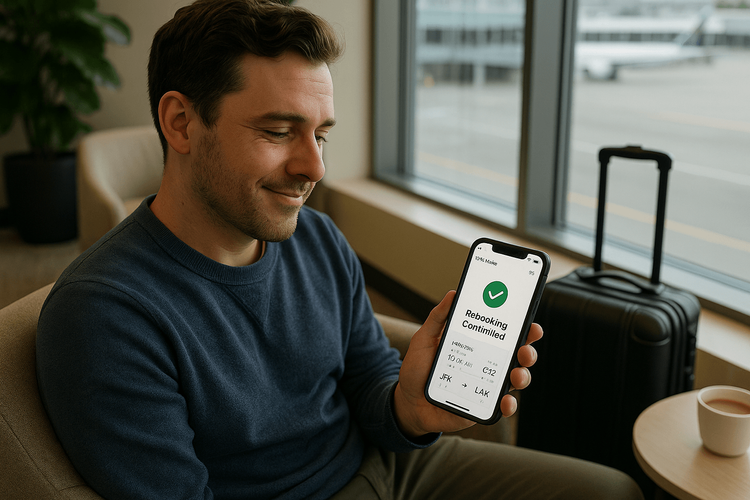 A traveler successfully rebooking a flight on their smartphone using a reliable Yoho Mobile eSIM connection during an airport strike.
