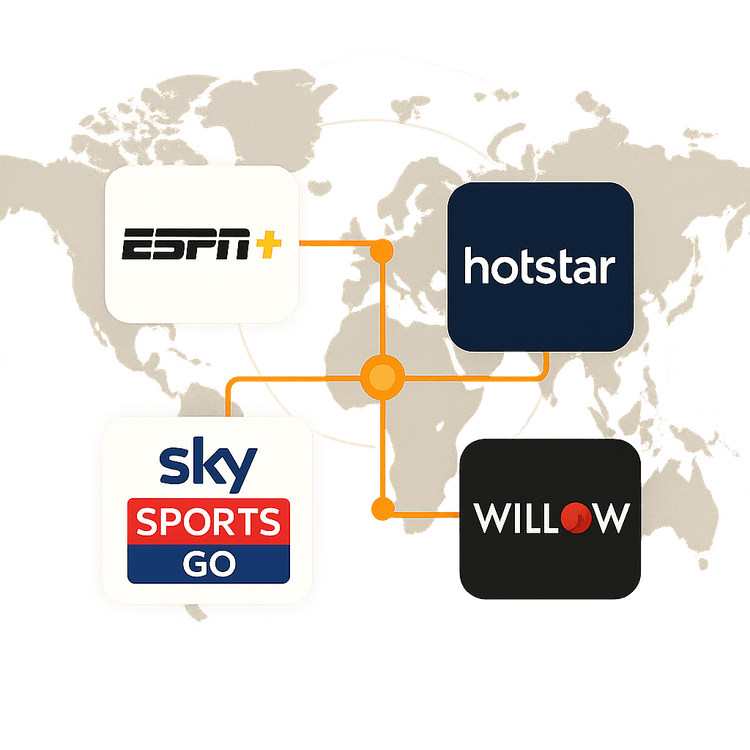 Logos of popular apps for live cricket streaming displayed on a world map.