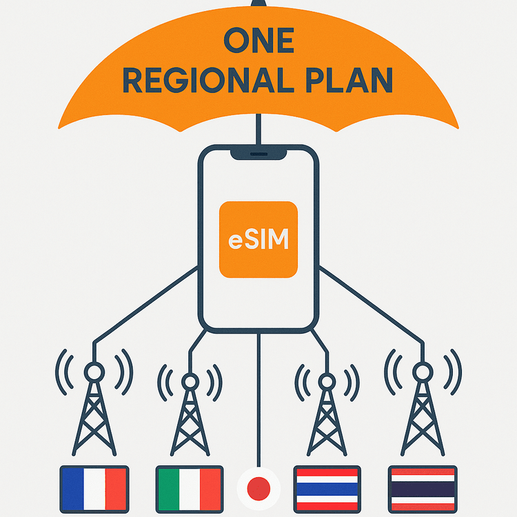 Diagram explaining how a regional eSIM provides data in multiple countries with one plan.