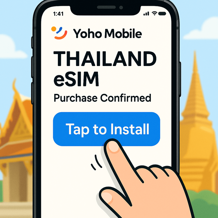 Illustration of the simple one-tap eSIM installation process for iOS users with Yoho Mobile.
