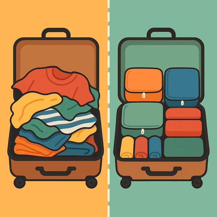 A diagram comparing a messy, folded suitcase to a neatly organized one using rolled clothes and packing cubes, demonstrating how to maximize luggage space.