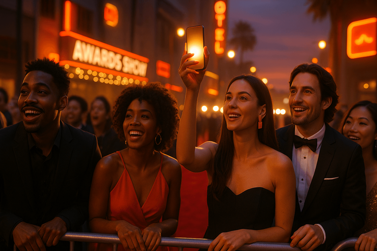 Excited fans outside an international awards show venue, ready to capture red carpet moments on their phones.