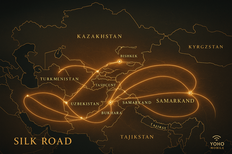 A digital map illustrating seamless eSIM connectivity along the Silk Road in Central Asia.