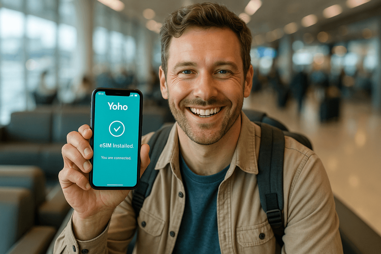 A traveler successfully installs a Yoho Mobile eSIM on their new phone while at an airport.