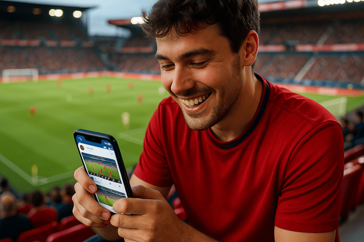 A football fan using their phone with a Yoho Mobile eSIM to share updates live from the Osasuna vs Valencia La Liga match.