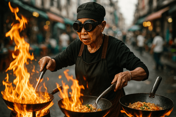 Chef Jay Fai cooking over her flaming woks, a hallmark of her Michelin-starred street food.