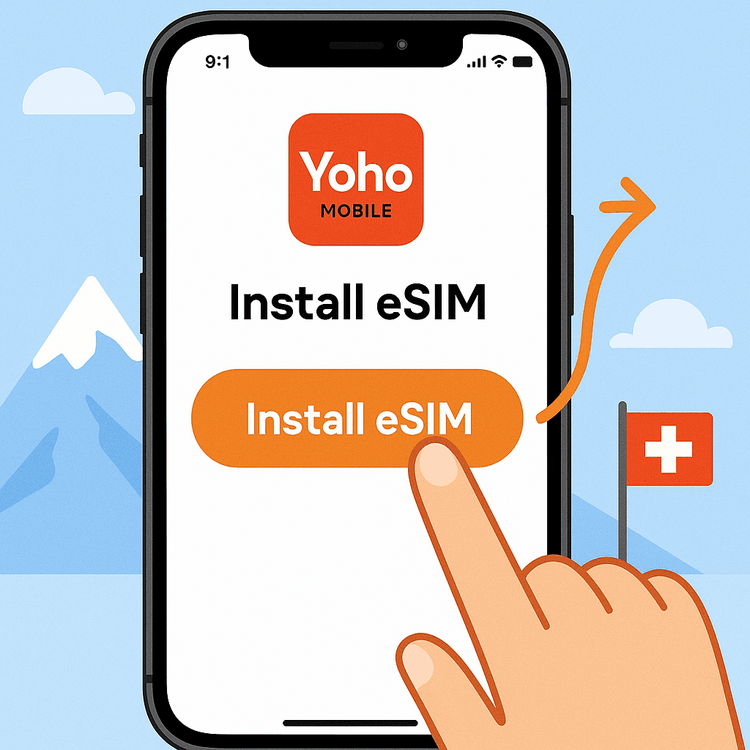 An illustration demonstrating the easy one-tap installation process for a Yoho Mobile eSIM on an iPhone for travel in Switzerland.